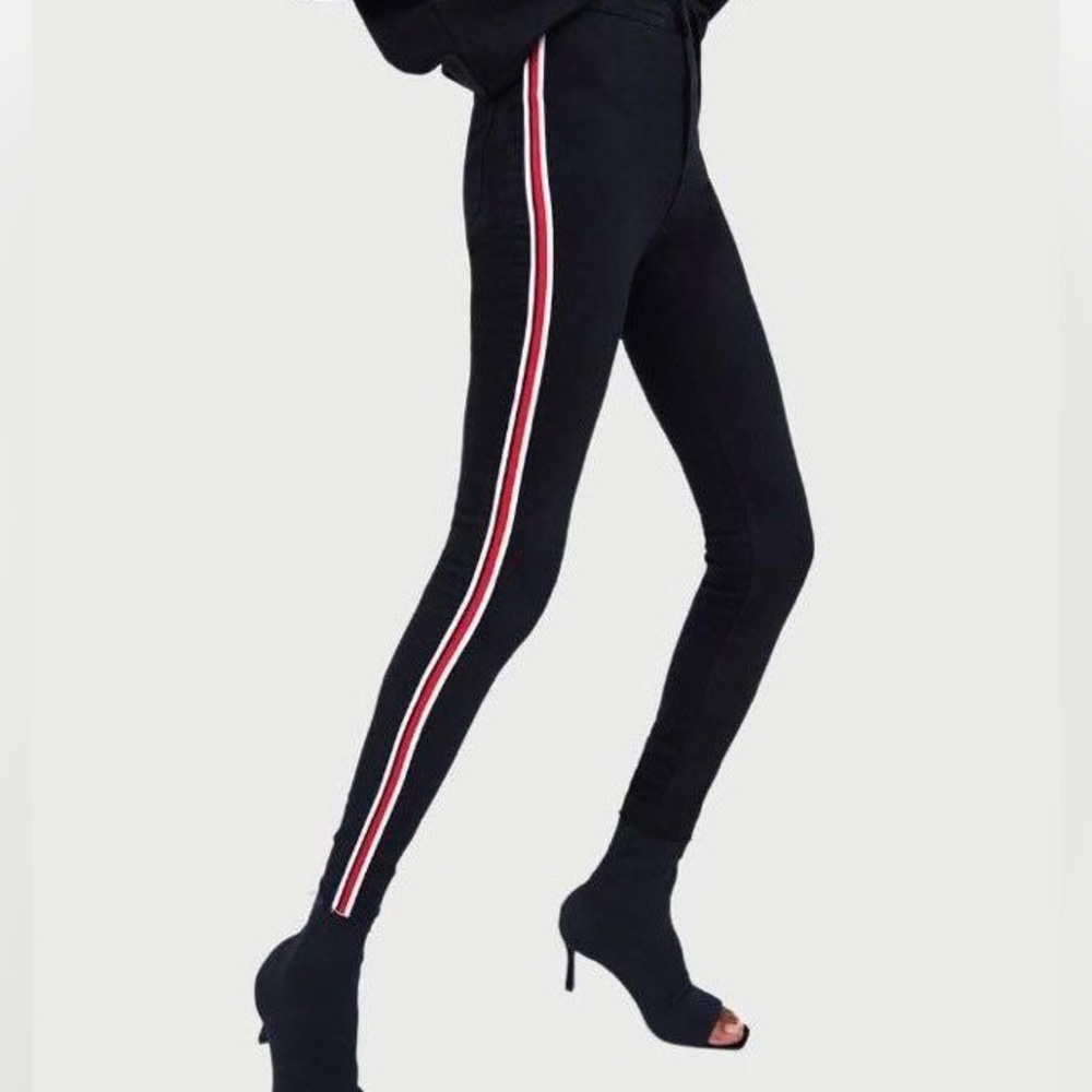 Zara Black High Rise Skinny Jeans with Red/White Side Stripe | Size 6